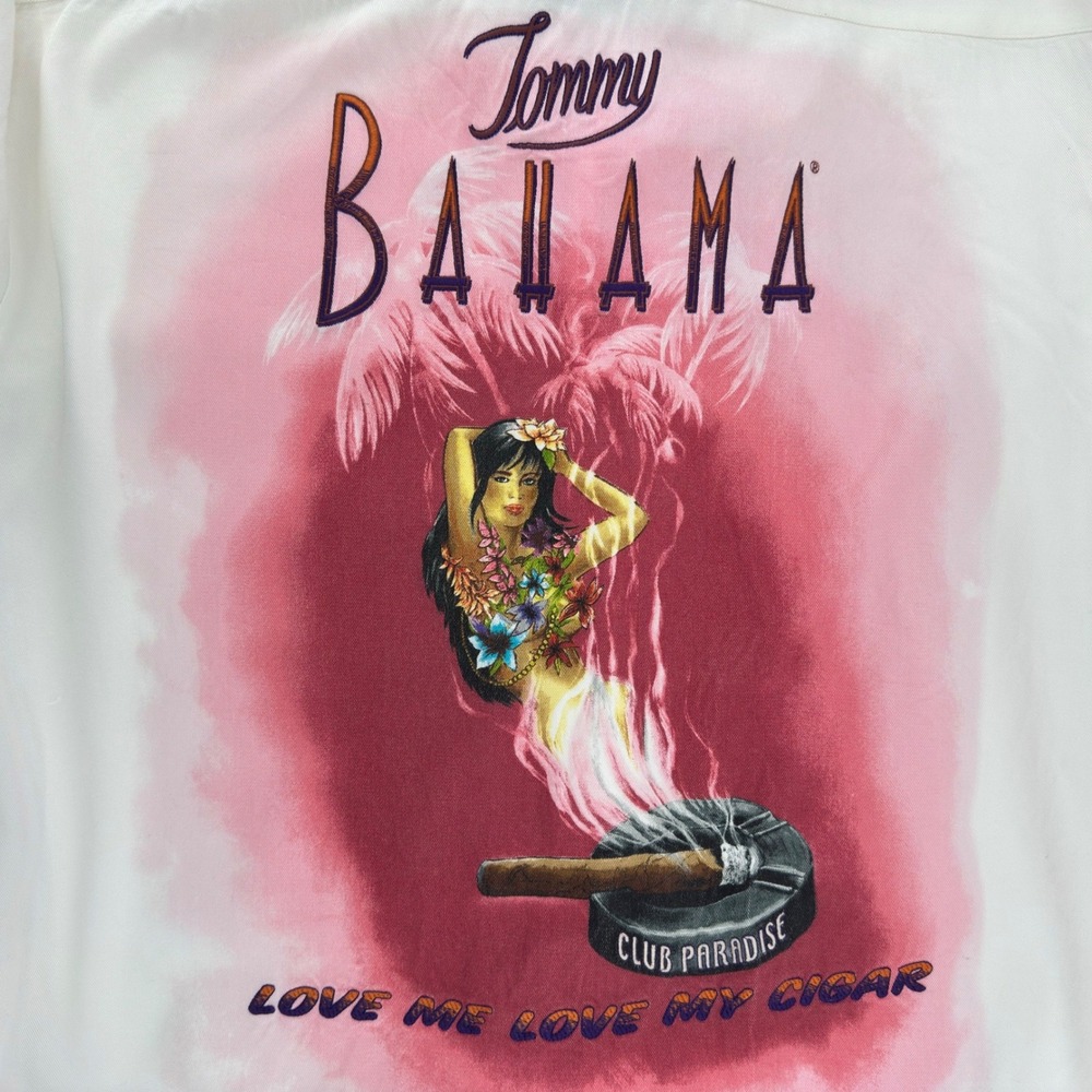 Tommy Bahama Men Ivory Pink Hawaiian Shirt Club Paradise Cigar Embroidered Small